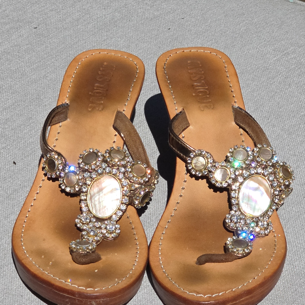 Mystique Boutique Brown Jeweled Wedge Sandals with Mother-of-Pearl Accents